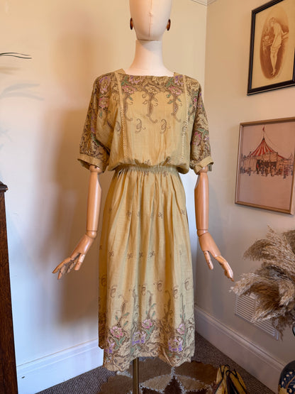 Vintage 1950s Cotton Broderie Anglaise Painted Tea Dress - Size Small/Medium