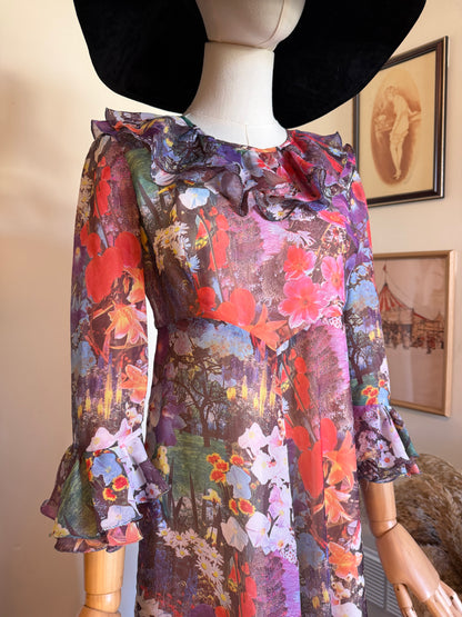 Vintage 1970s Hand Made Photographic Floral Print Frilled Maxi Dress