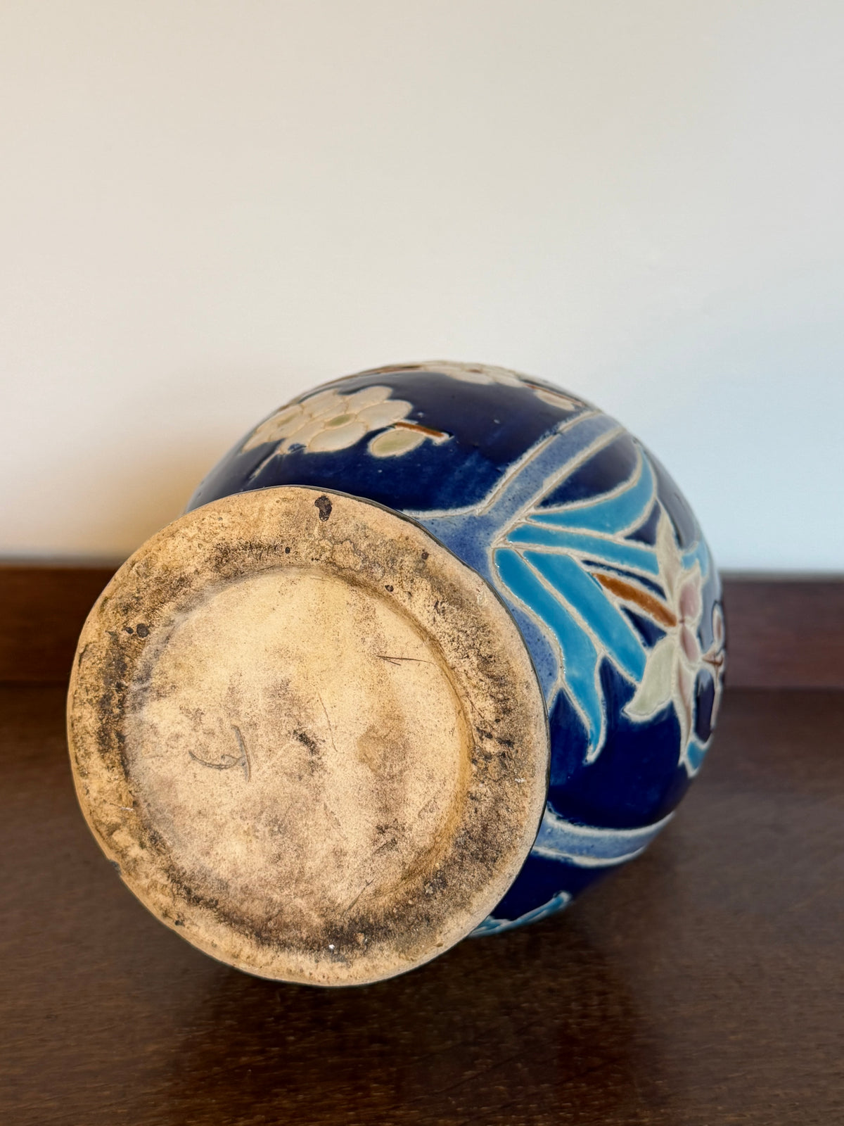 Vintage 1960s Japanese Style Blue Floral Glazed Ceramic Vase