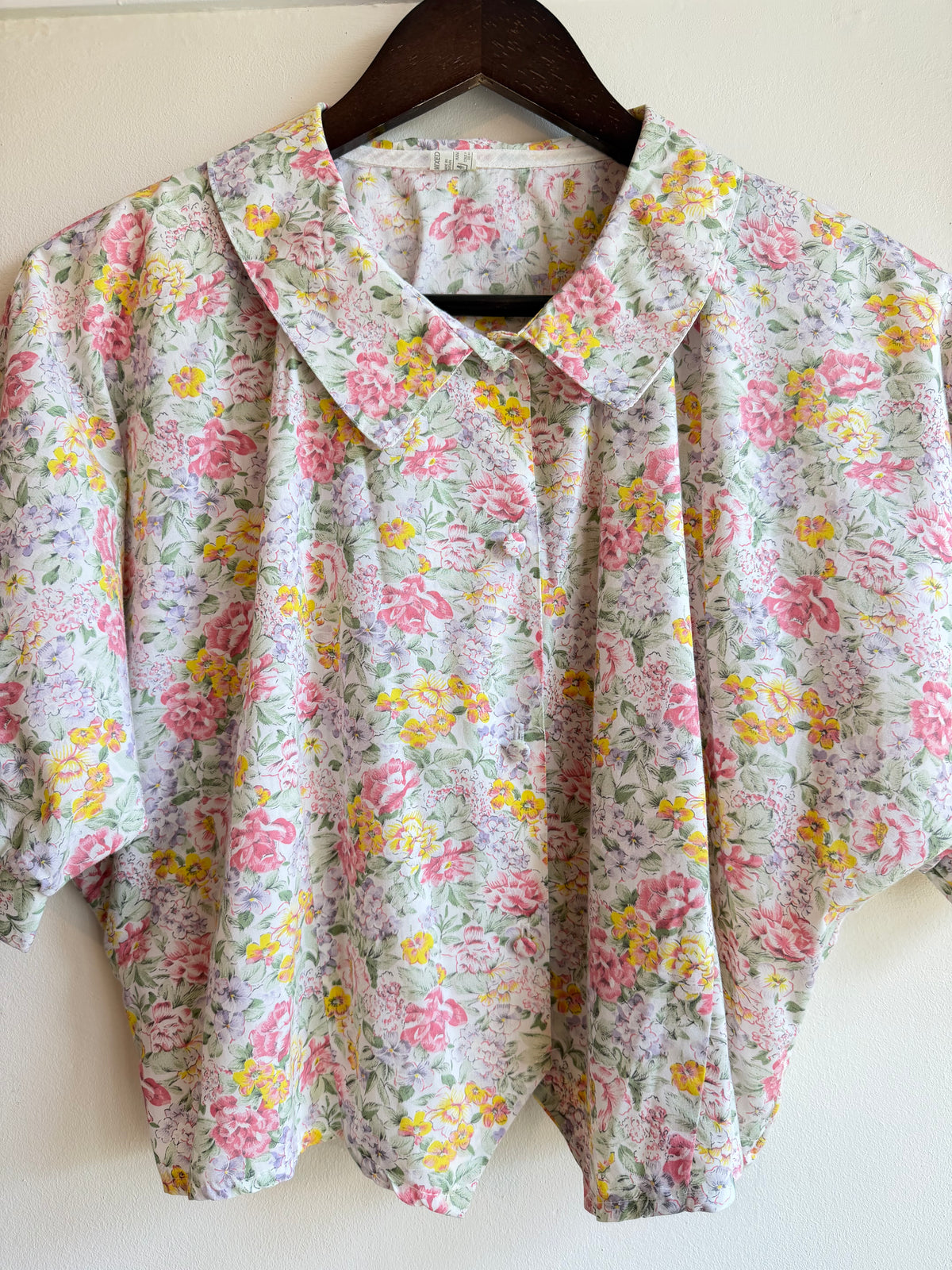 Vintage 1980s Floral Batwing Short Sleeve Blouse - Size Large