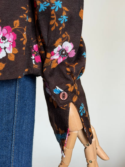 Vintage 1970s Chocolate Brown Floral Popover Shirt - Size Medium