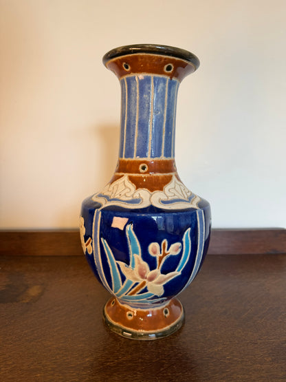 Vintage 1960s Japanese Style Blue Floral Glazed Ceramic Vase
