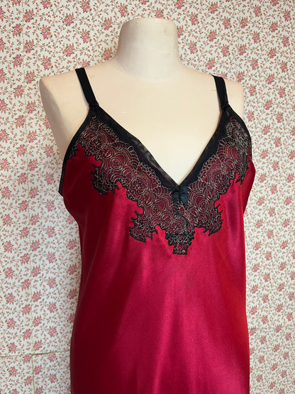 Vintage Oscar de la Renta Red Satin Full Length Slip Dress with Lace