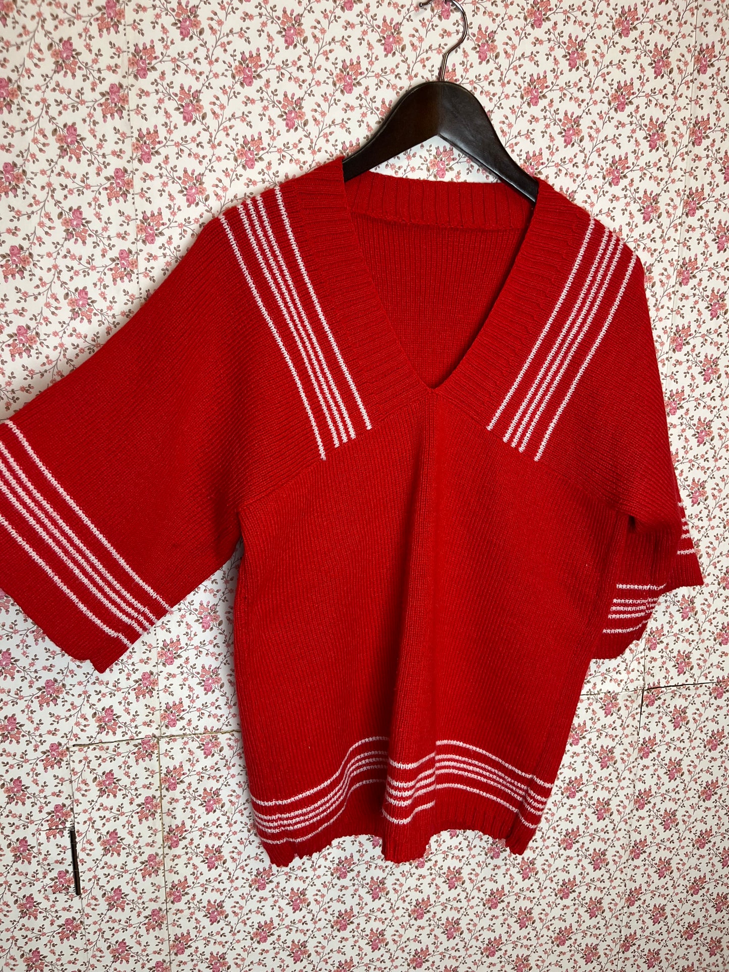 Vintage Original 1960s Hand Knitted Red Jumper Top with White Stripe