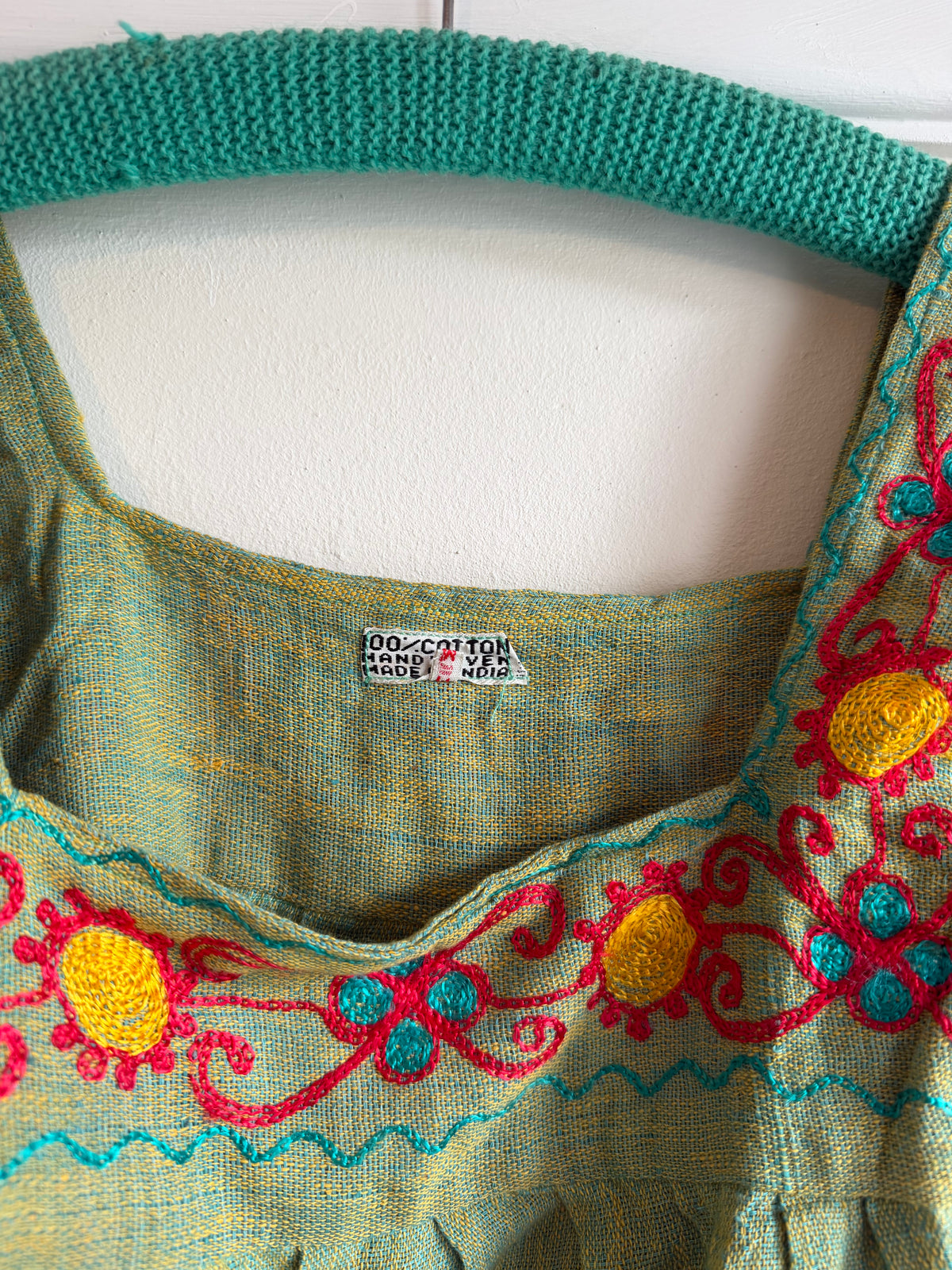 Vintage 1970s Green Cotton Embroidered Boho Tunic Top - Size Medium