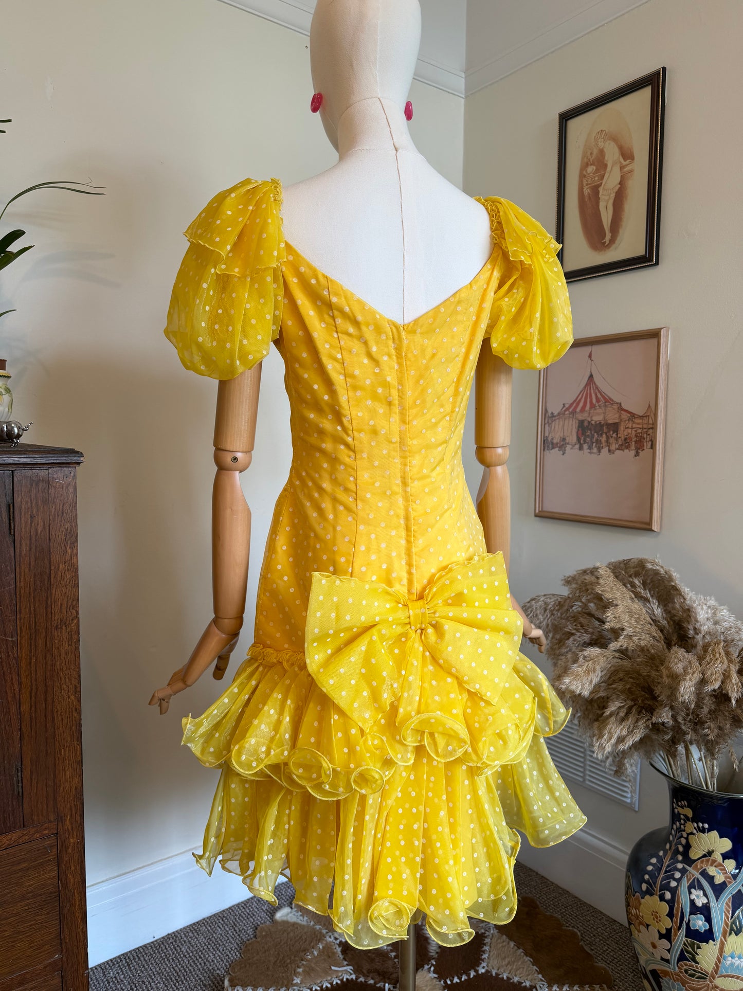 Vintage 1980s John Charles Yellow Polka Dot Ra Ra Dress - Size Small