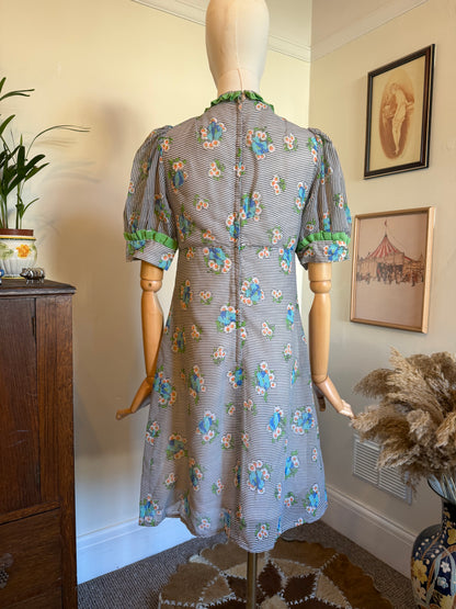 Vintage 1960s Floral Striped Puffed Sleeve Mini Dress - Size Small