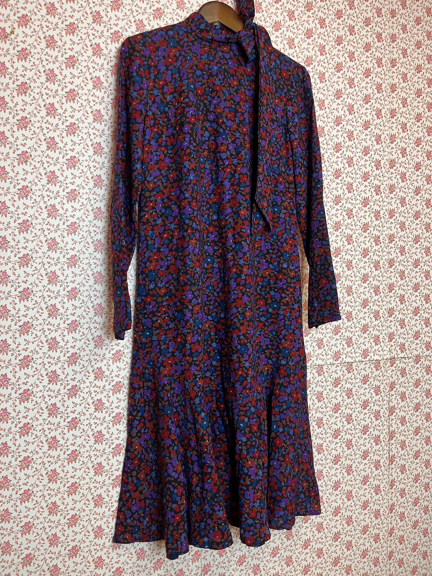 Vintage 1970s Wool Blend Ditsy Print Midi Dress