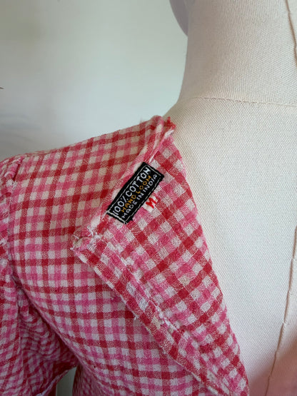 Vintage 1970s Pink Gingham Trimmed Top - Size Medium