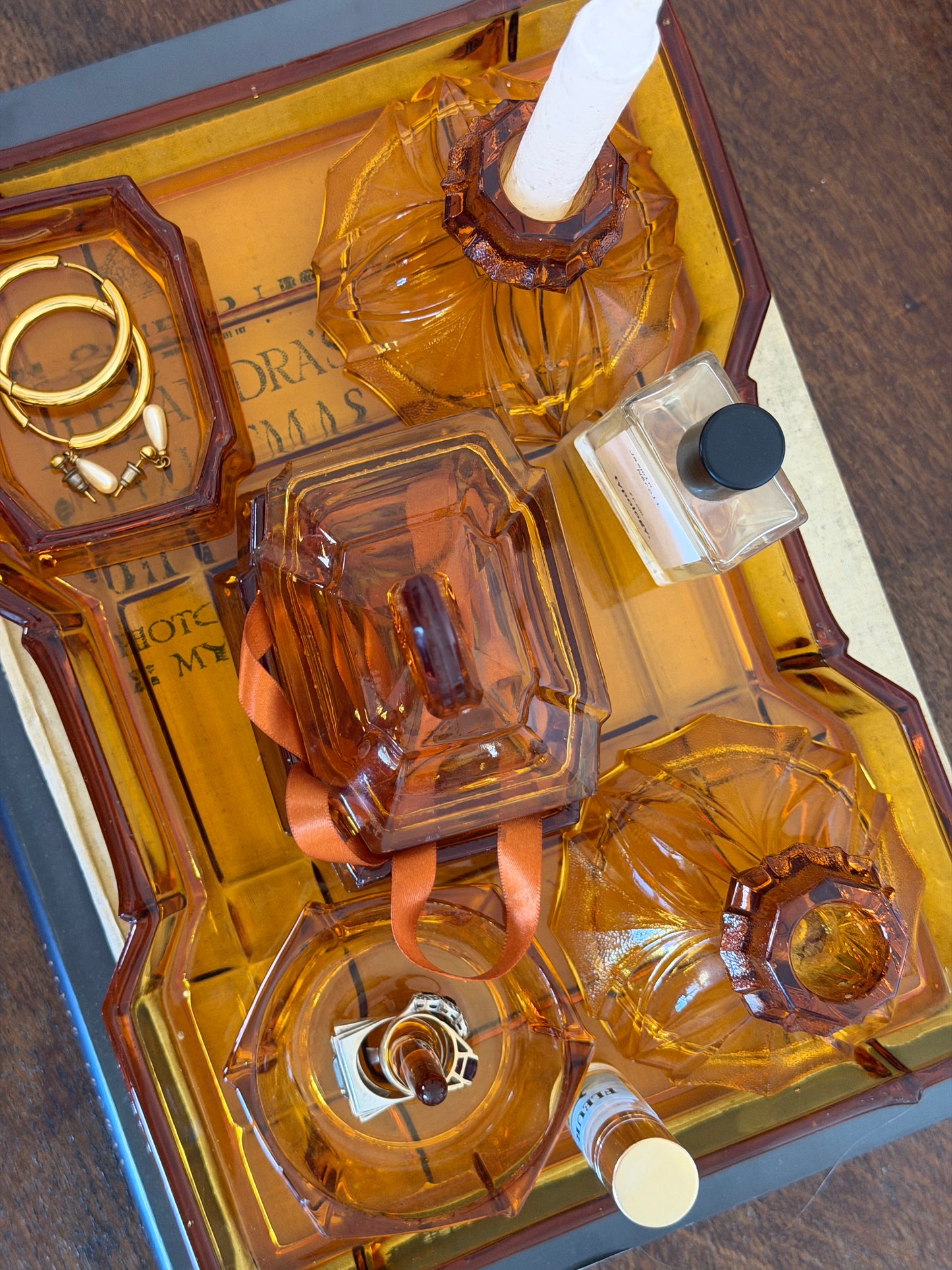 Vintage 1970s Amber Glass Dressing Table Vanity Set