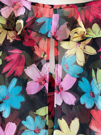 Vintage 1980s Floral Sheer Ruffle Blouse - Size Large