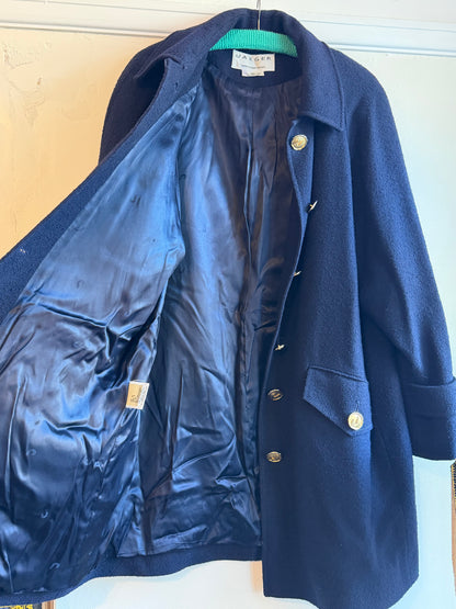 Vintage 1980s Jaeger Navy Blue Pure Wool Gold Button Coat - Size Large