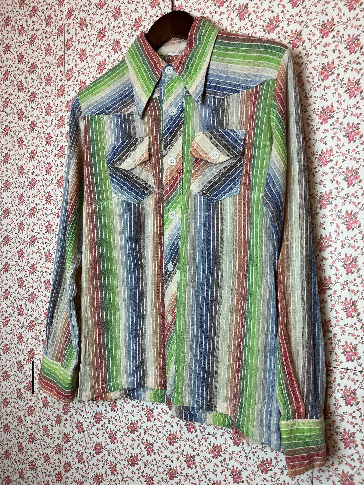 Vintage 1970s Rainbow Cotton Stripe Long Sleeve Shirt