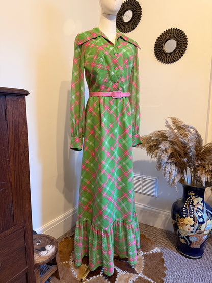 1970s Jean Allen pink and green plaid shirtwaist maxi dress vintage Full length long sleeve gown with matching pink belt and exaggerated collar