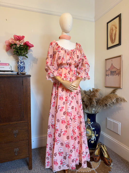 1970s vintage Richard shops pink floral ruffle  maxi prairie dress retro style feminine dress