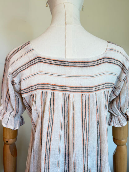 Vintage 1970s Striped Cotton Square Neck Smock Top - Size Small