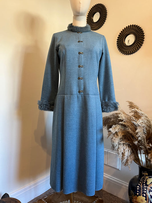 1980s angora trim soft drop waist dress in deep cornflour blue. Infinity button details. Layered around the high neck and cuffs, below waist length 