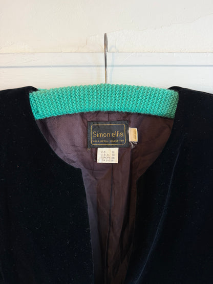 Vintage 1980s Black Velvet Green Floral Jacket - Size Medium