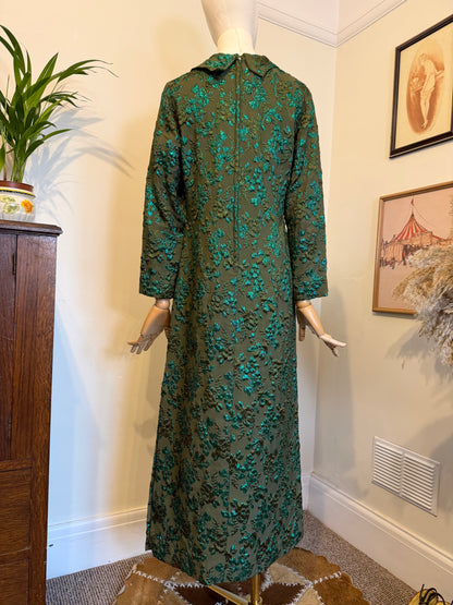 Vintage 1960s Floral Green Jacquard Column Dress - Size Medium