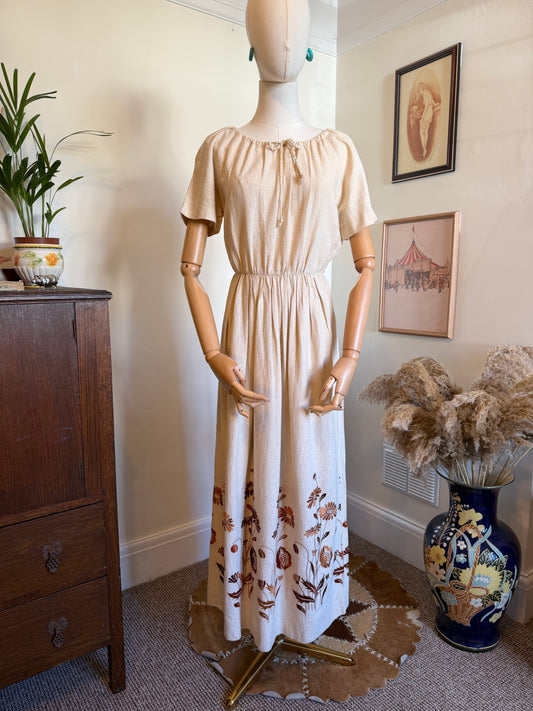 Vintage 1970s Hand Made Embroidered Linen Dress