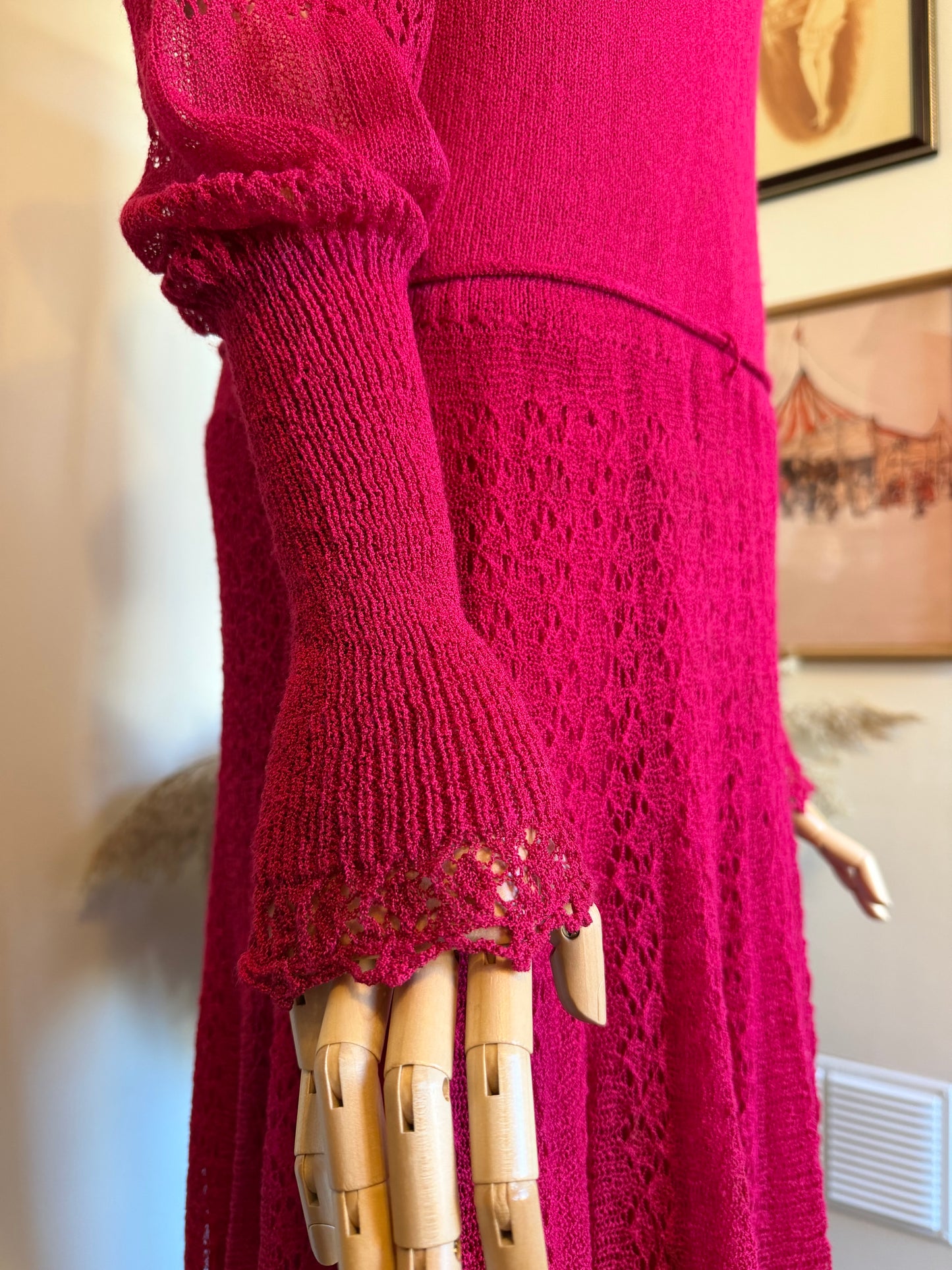 Vintage 1970s Crochet Lace Raspberry Maxi Dress - Size Small