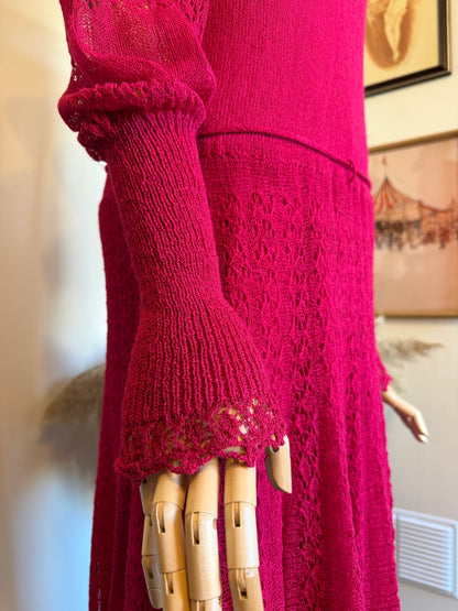 Vintage 1970s Crochet Lace Raspberry Maxi Dress - Size Small