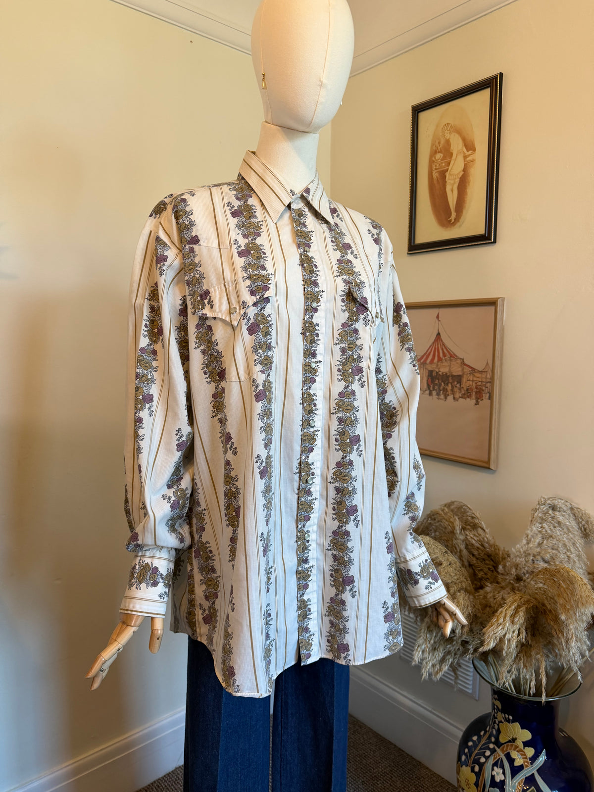 Vintage 1970s Western Floral Stripe Long Sleeve Shirt - Size X Large