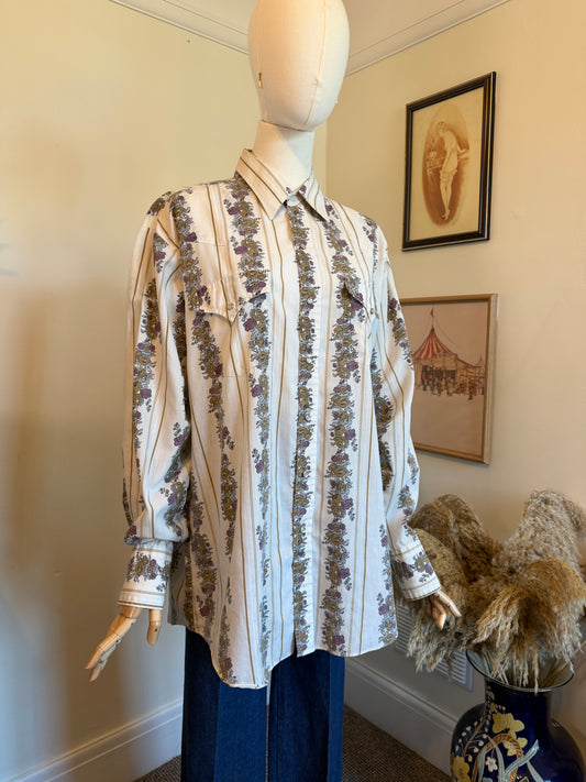 Vintage 1970s Western Floral Stripe Long Sleeve Shirt - Size X Large
