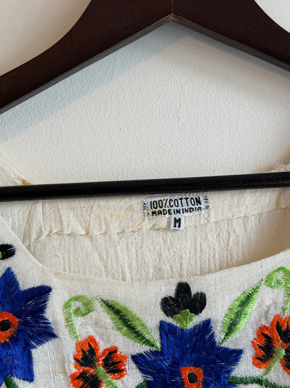 Vintage 1970s Embroidered Cotton Floral Peasant Blouse - Size Medium