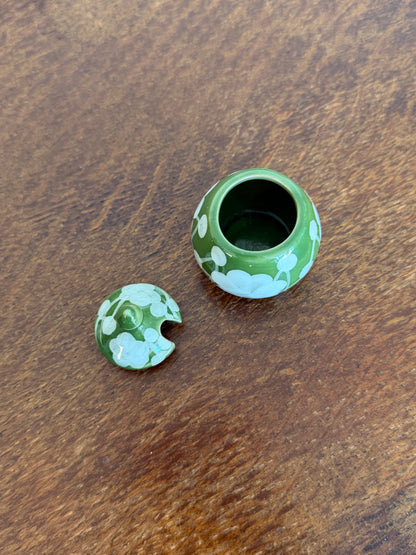 Vintage 1970s Hand Painted Thai Green Floral Ceramic Condiment Set