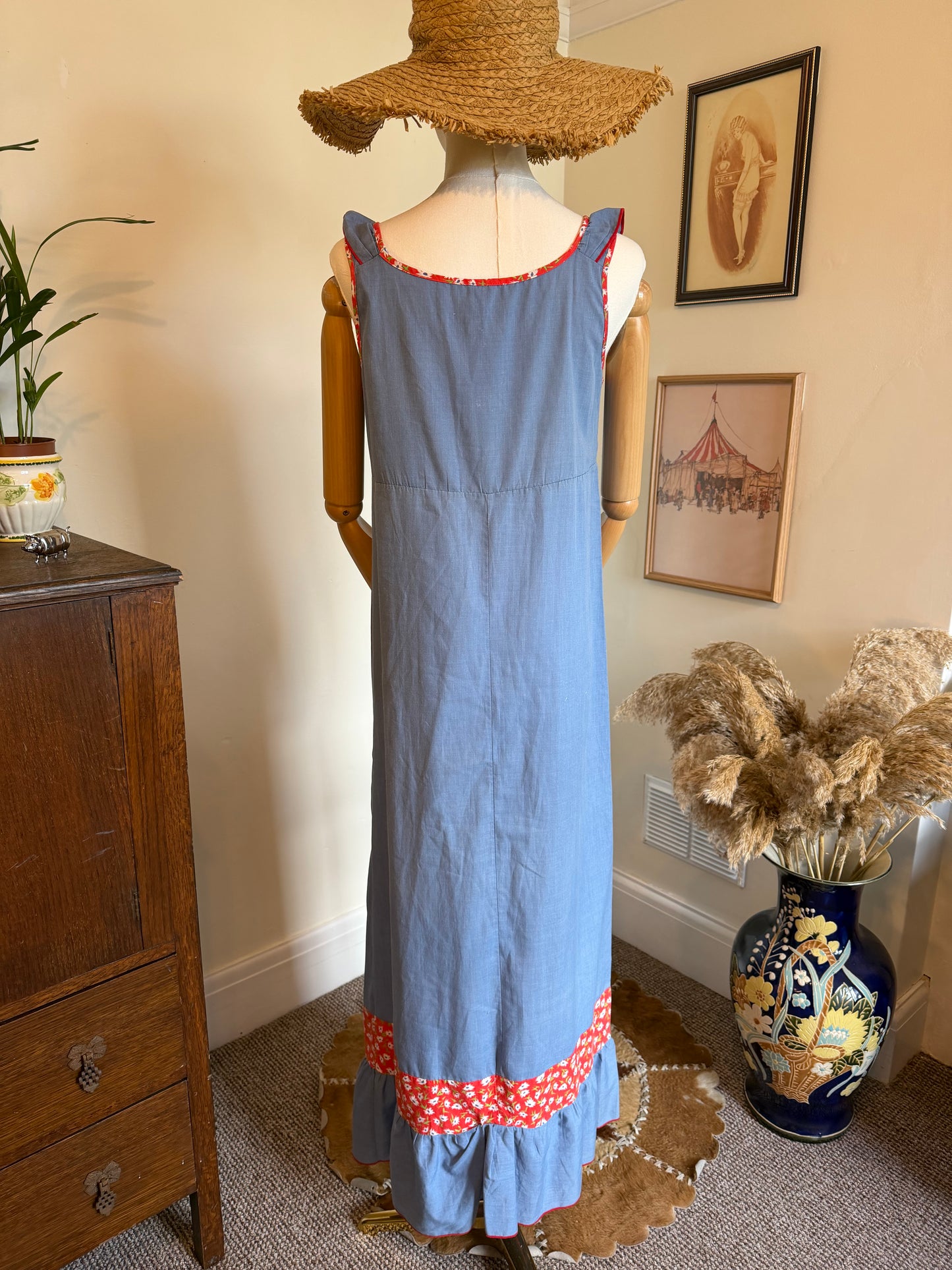 Vintage 1970s Prairie Ruffle Chambray & Floral Maxi Dress - Size Small/Medium
