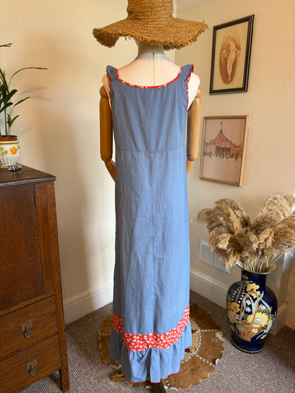 Vintage 1970s Prairie Ruffle Chambray & Floral Maxi Dress - Size Small/Medium