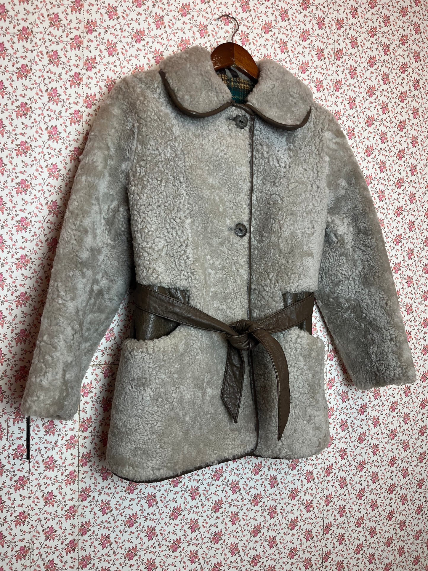 Vintage 1970s Shearling Teddy Bear Coat with Leather