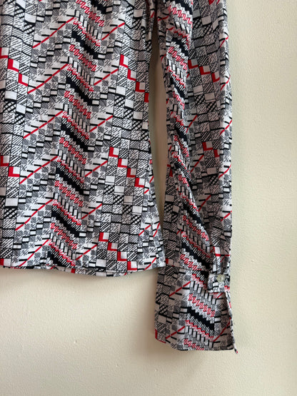 Vintage 1970s Red Black and White Geometric Print Long Sleeve Blouse - Size Small/Medium