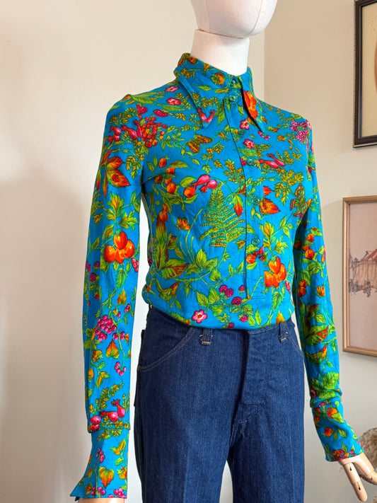 Vintage 1970s TGL Stockholm Turquoise Botanical Print Shirt - Size Small