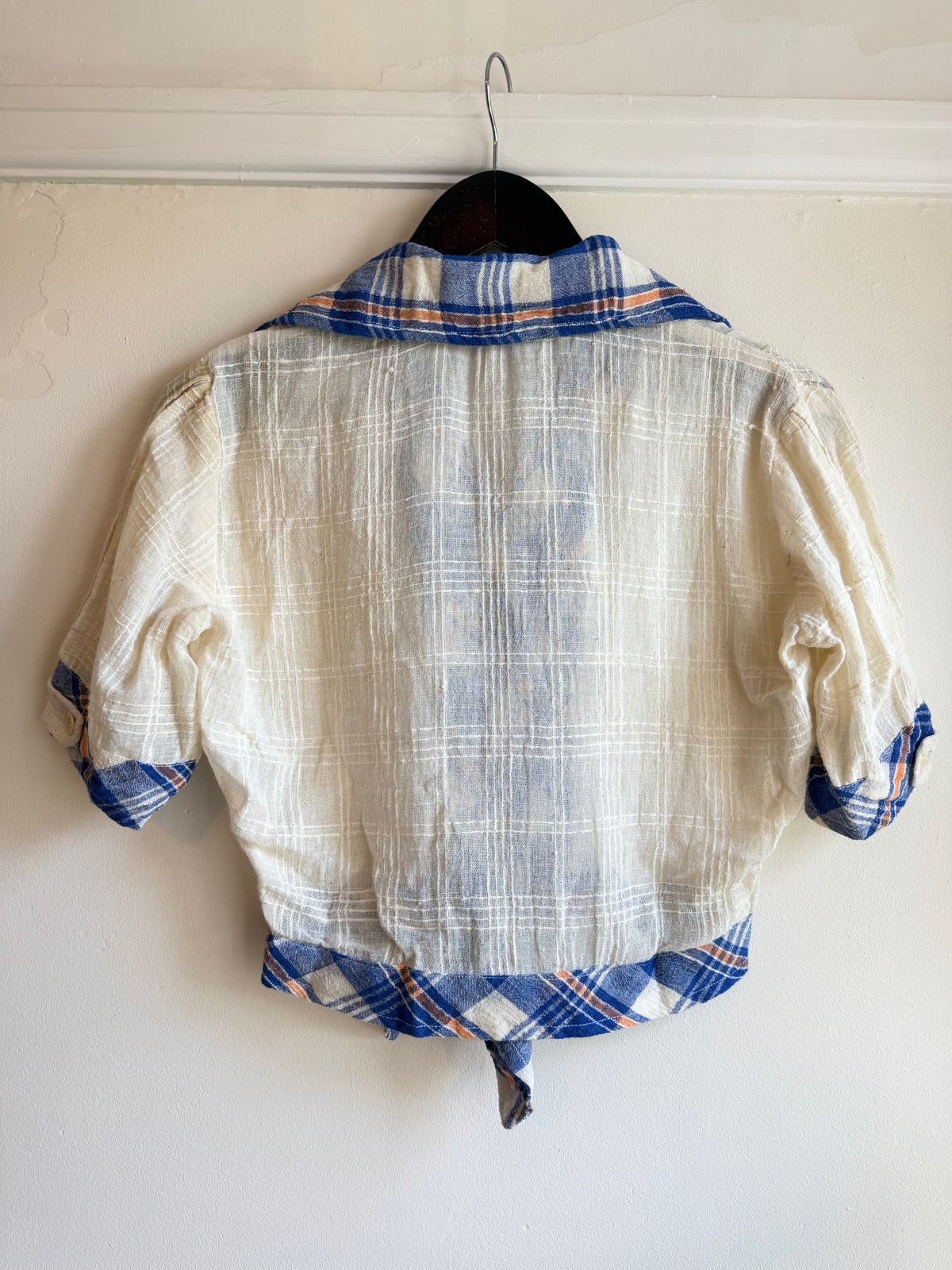 Vintage 1970s Blue Checked Collar Cotton Tie Front Blouse - Size Small/Medium
