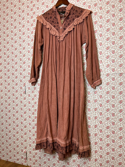 Vintage 1970s Style Dusty Pink Corduroy Midi Smock Dress with Frill Yoke and Tie Up