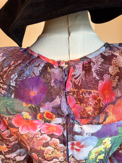 Vintage 1970s Hand Made Photographic Floral Print Frilled Maxi Dress