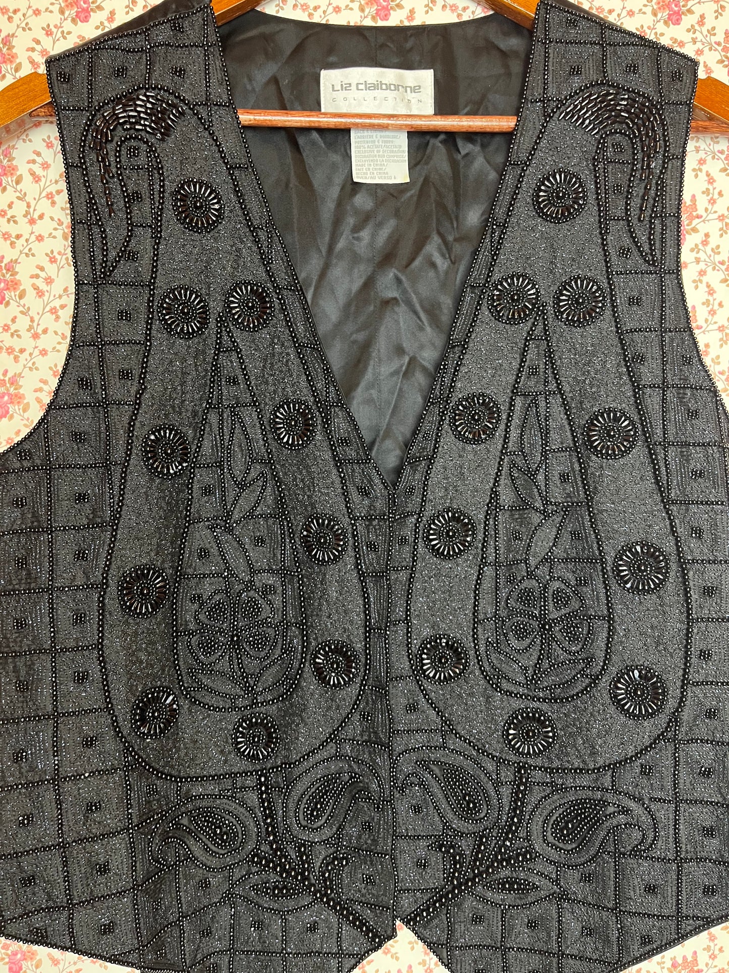 Vintage 90s Heavily Beaded Black Silk Waistcoat