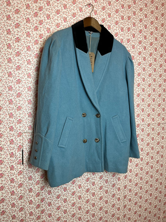 Vintage 1960s Periwinkle Blue Double Breasted Peacoat with Velvet