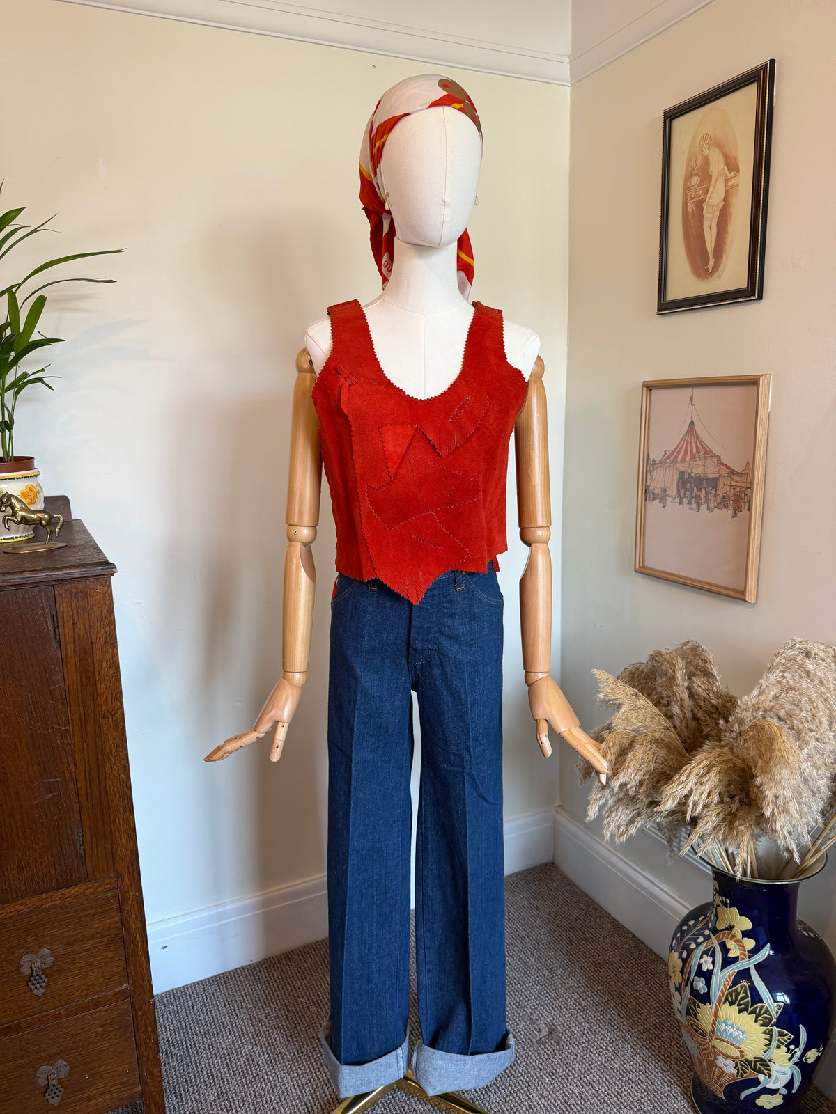 Vintage 1970s Red Suede Patchwork Sleeveless Top - Size Medium