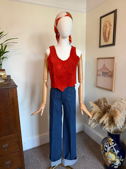Vintage 1970s Red Suede Patchwork Sleeveless Top - Size Medium