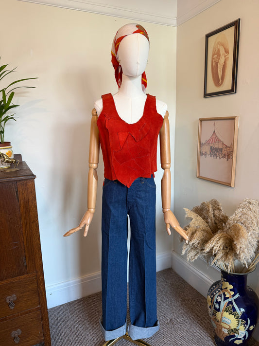 Vintage 1970s Red Suede Patchwork Sleeveless Top - Size Medium