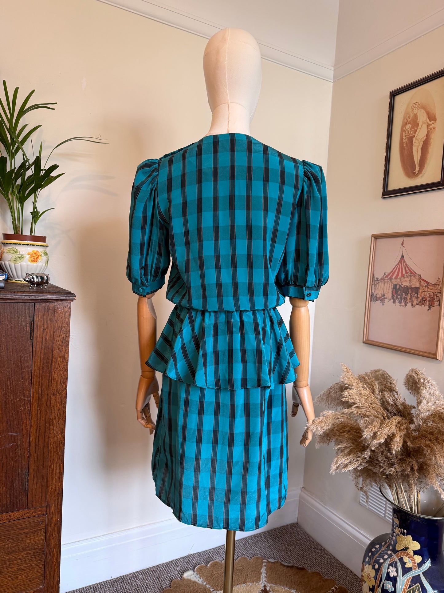 Vintage 1980s Checked Peplum Mini Dress - Size Small/Medium