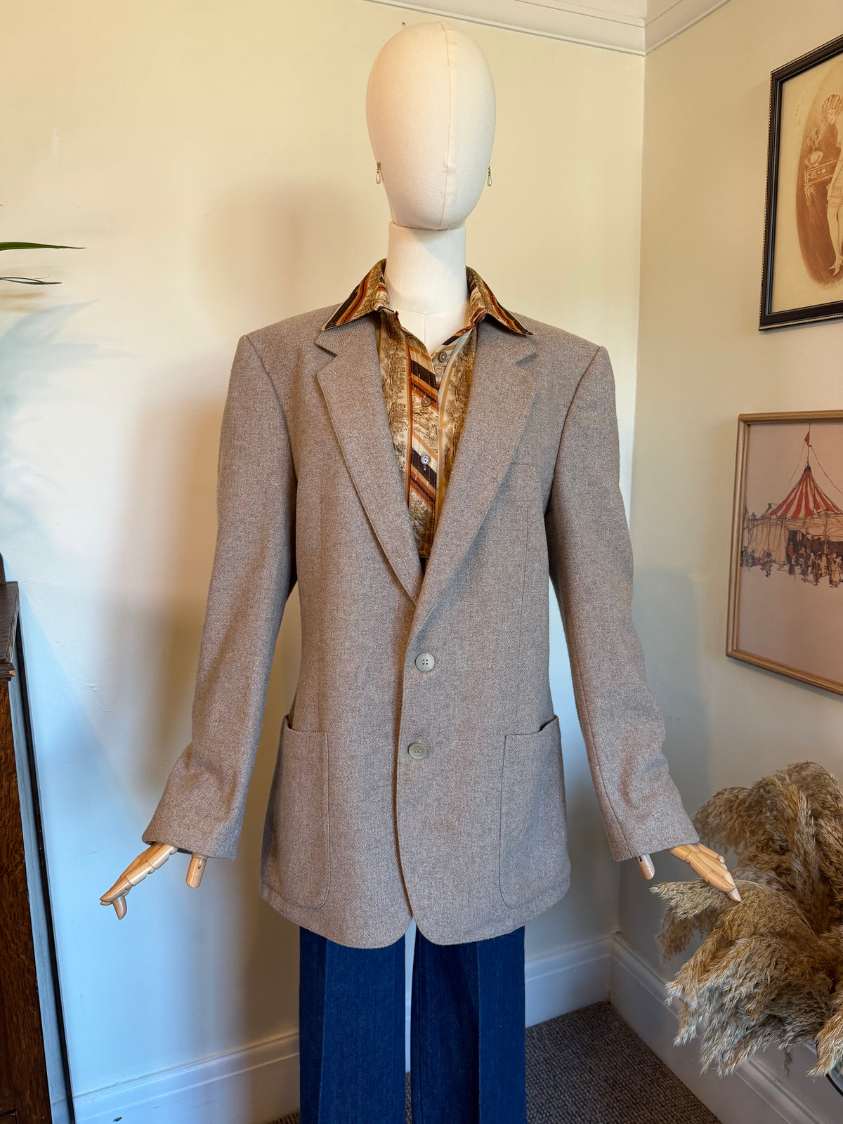 Vintage 1980s Beige Wool Blend Tailored Blazer - Size Large