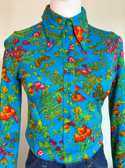 Vintage 1970s TGL Stockholm Turquoise Botanical Print Shirt - Size Small