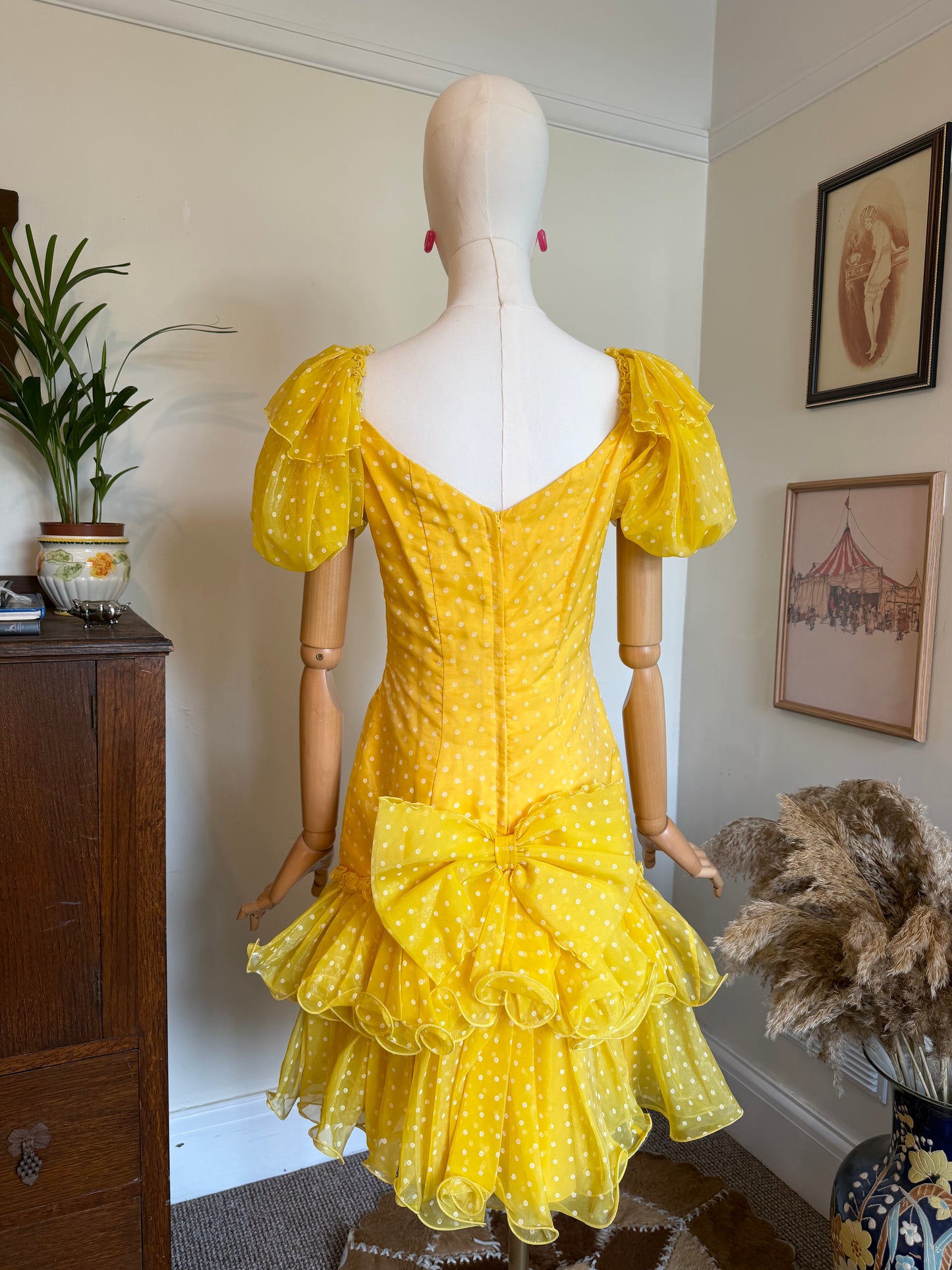 Vintage 1980s John Charles Yellow Polka Dot Ra Ra Dress - Size Small