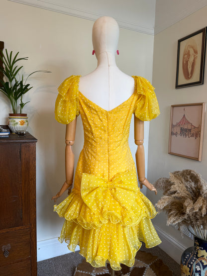 Vintage 1980s John Charles Yellow Polka Dot Ra Ra Dress - Size Small