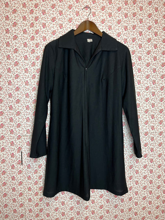 Vintage 1970s Black Collared Zip Up Mini Swing Dress