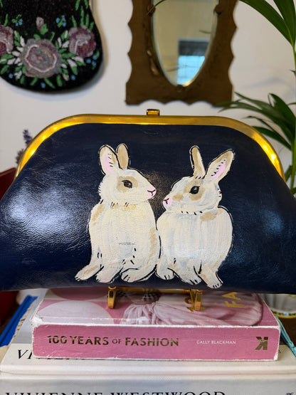 Vintage 1950s Hand Painted Navy Leather Clutch Bag